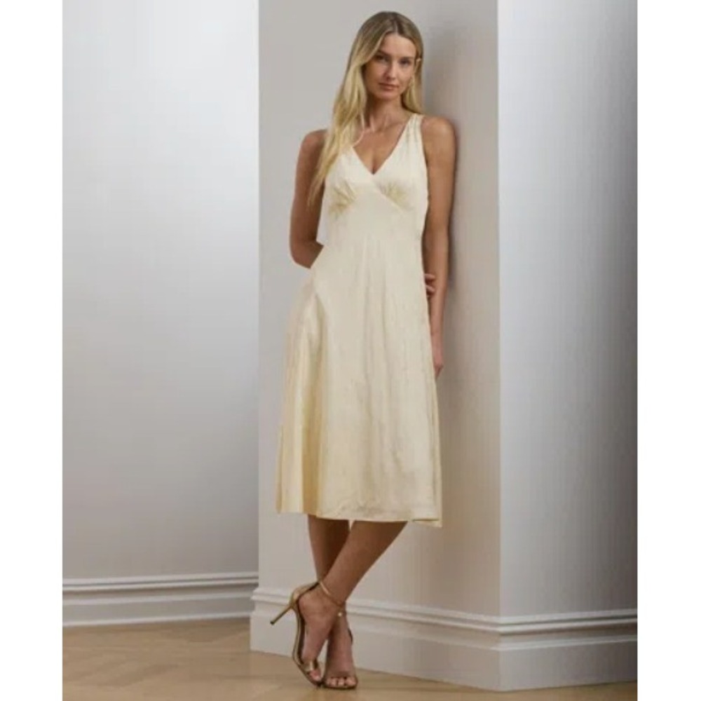 LRL Ralph Lauren Floral Jacquard‎ V Neck Midi Dress Women 12 Cream Classic NWT